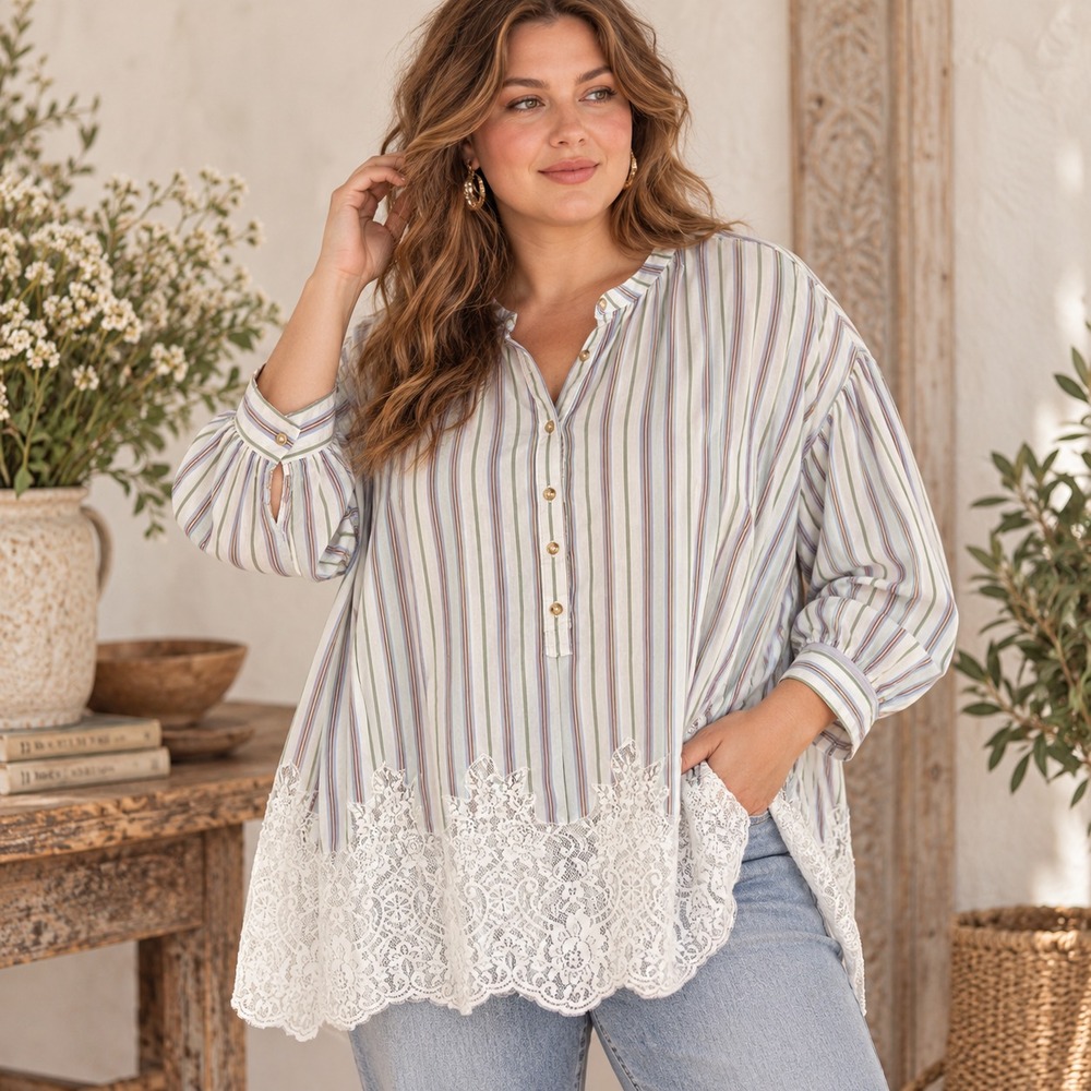 Pilcro Anthropologie Striped Lacey Tunic Top Plus Size 3X Boho Coastal Office